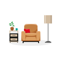 Living room with armchair, lamp and bedside table. Vector illustration in flat style, isolated on a white background.