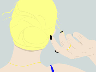 Portrait of a blonde girl. Back view. Grey background. There is a possibility of editing. Vector illustration in flat style. Design for posters, postcards, textiles and more.