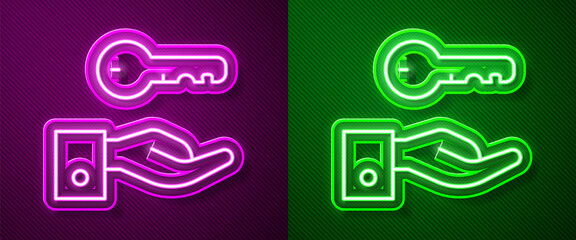 Glowing neon line Hotel door lock key icon isolated on purple and green background. Vector.