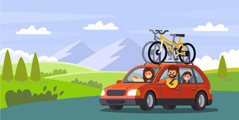 Fototapeta premium big family traveling by car out of town