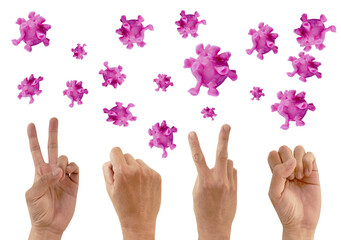 hand sign year 2020 with purple coronavirus or COVID-19 sculpture by clay floating on white background 