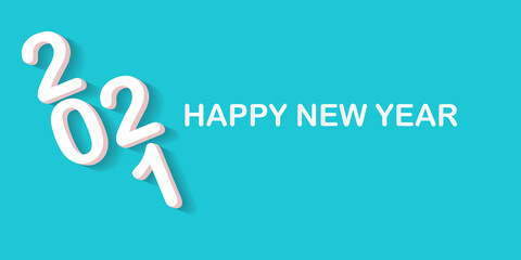 2021 Happy new year creative design horizontal banner background or greeting card with text. vector 2021 new year numbers with shadow isolated on azure abstract background