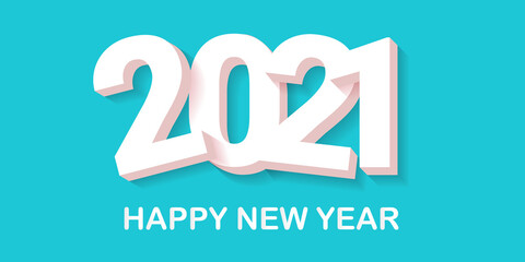 2021 Happy new year creative design horizontal banner background or greeting card with text. vector 2021 new year numbers with shadow isolated on azure abstract background