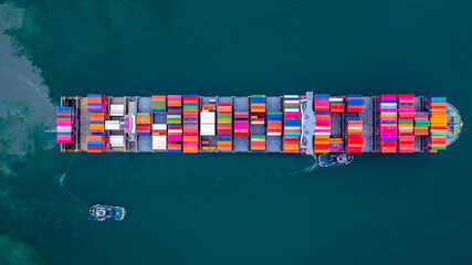 Aerial top view vessel full load container for commercial business logistics import export...