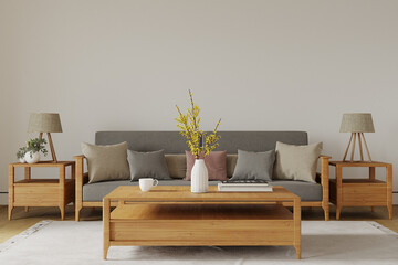 modern living room with sofa and wooden table, 3d render