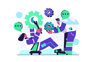 The guy and the girl are engaged in setting, the girl holds a wrench and lies on the lift, large gears isolated on a white background, flat vector illustration