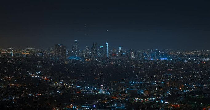 Los Angeles skyline timelapse at night. Big american city