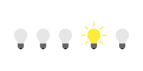 One light is on. Light bulb vector icon full of ideas and creative thinking. Idea came among all
