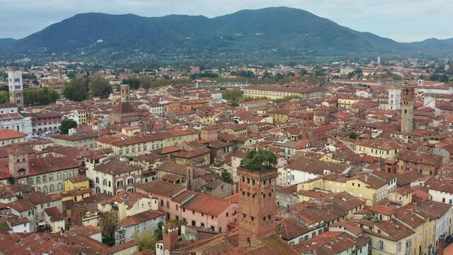 Aerial view of ancient town Lucca, Italy, Toscana region.