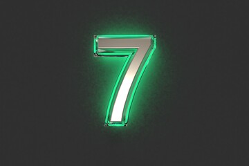 Silver brassy with emerald outline and green backlight alphabet - number 7 isolated on grey background, 3D illustration of symbols
