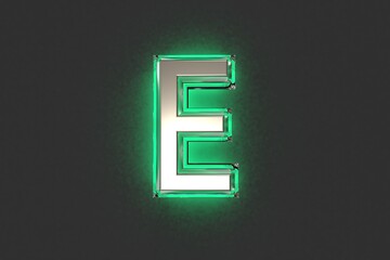 Silver brassy with emerald outline and green noisy backlight font - letter E isolated on dark, 3D illustration of symbols