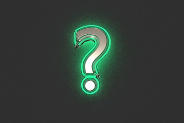 Silver brassy with emerald outline and green backlight font - question mark isolated on grey background, 3D illustration of symbols