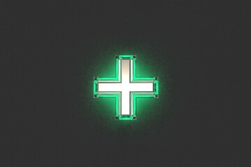 Silver metal with emerald outline and green noisy backlight font - plus isolated on dark, 3D illustration of symbols