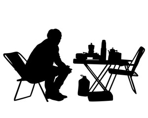 Men and women sit on the ground during a picnic. Isolated silhouettes on white background