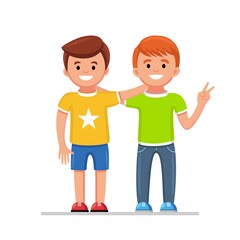 Happy friends isolated on background. Men hug and smile. Friendship of guys