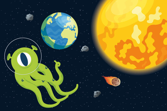 alien comic character with planets and sun