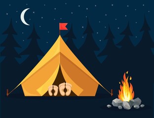 Night landscape with tent, campfire, forest. Summer camp, nature tourism. Camping or hiking concept