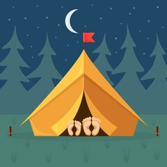 Night landscape with tent, forest. Summer camp, nature tourism. Camping or hiking concept