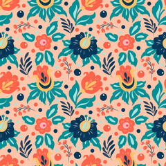Fototapeta na wymiar vector seamless pattern with hand drawn different flowers, leaves, berries on a pink background. pattern for printing on fabric, clothing, wrapping paper. background for websites and applications