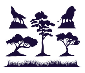 wild wolf and lion with trees fauna silhouettes