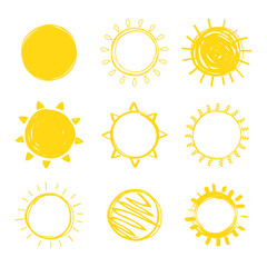 Sun hand drawn icon set isolated on white background. Handdrawn sun vector for logo, circle line and icon design. Summer concept. Sunshine vector illustration. Sun sketch doodle