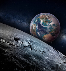 Moon landscape with earth rise on a starry sky, elements of this image furnished by NASA.