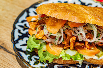 tasty sandwich with meat and vegetables
