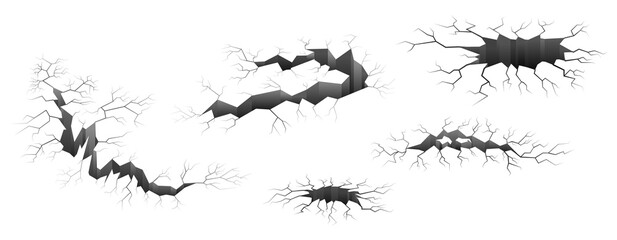 Set of ground or walls crack effect, earth cracking. Monochrome isolated vector illustration.Black hole in ground. Earthquake, destruction concept.