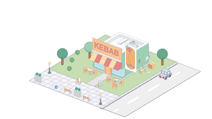 Vector isometric kebab shop or street food kebab restaurant building with sale signboard, awning and outdoor tables