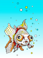Cute cartoon telescope fish on the background of stars. Image for printing on any surface