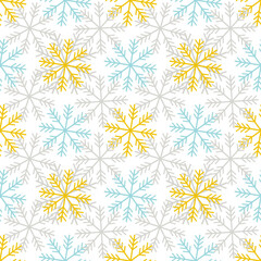 Seamless pattern with blue, yellow and gray snowflakes on a white background for fashion prints, fabrics, wrapping paper, textiles, linens. 