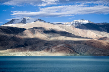 Fototapeta na wymiar Alpine lake Tso Moriri, snowy peaks, alpine villages, Ladakh, Himalayas, India