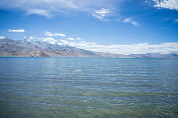 Alpine lake Tso Moriri, snowy peaks, alpine villages, Ladakh, Himalayas, India