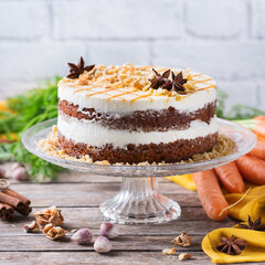 Homemade easter carrot cake with walnuts, nuts, spices