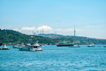 Obraz na płótnie Canvas A view of the turkish nature, the boats and the Bosporus from an embankment in the Arnavutköy district of Istanbul. Turkish San Francisco. A mosqu`e in the distance.