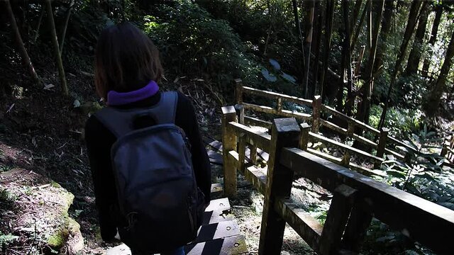 Girl walking down the stairs at bambu forest in Alishan National Forest Recreation Area, Alishan, Taiwan. Low angle, traveling movement, slow motion, HD.