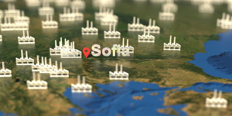 Factory icons near Sofia city on the map, industrial production related 3D rendering