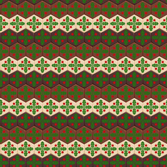 Seamless pattern with hexagonal chocolates and mistletoe. Colored vector Christmas background.