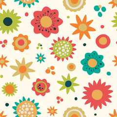 Seamless floral pattern with bright flowers on a light background.