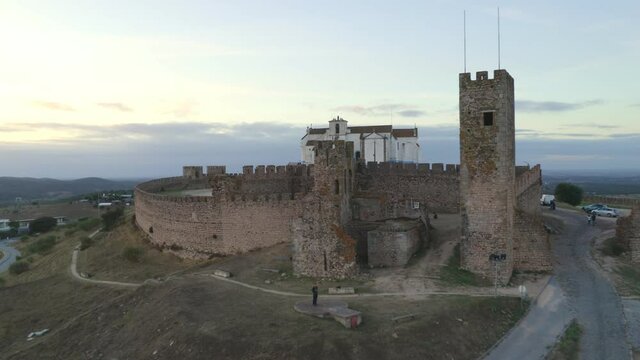 Arraiolos village drone aerial view at sunset in Alentejo, Portugal