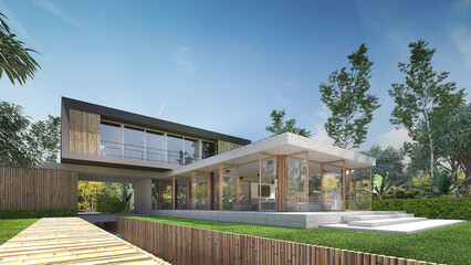 Fototapeta na wymiar 3d rendering of Modern house design idea and canal landscape background