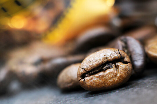 Closeup of coffee beans, macro 