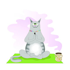 Zen-learned cat meditates on a yoga mat among the scent of incense