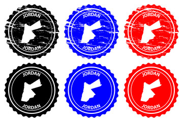 Jordan - rubber stamp - vector, The Hashemite Kingdom of Jordan map pattern - sticker - black, blue and red
