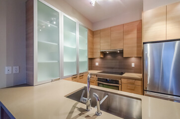 Modern, bright, clean empty kitchen interior with stainless steel appliances in a luxury house.