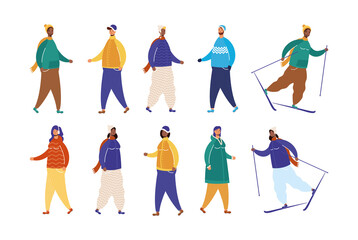 interracial people group wearing winter clothes practicing ski