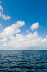 Fototapeta na wymiar Deep ocean view with waves and white clouds. Relaxing seascape, endless sea, tropical waters background. Blue seas and skies separated by a far away horizon. Caribbean lifestyle themes