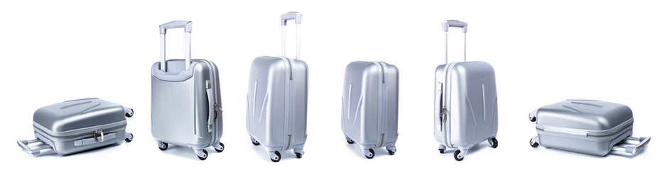 Baggage isolated. Set of silver travel plastic suitcase or vacation bag on white background. Summer vacation and product advertisement concept.