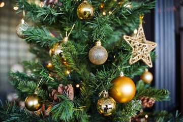 Golden star on the Christmas tree, Christmas tree decoration with Golden balls garland, green spruce in the interior of the apartment, preparation for the Christmas holiday