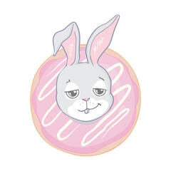 Funny little bunny baby. Donut and rabbit. Flat animal Illustration vector